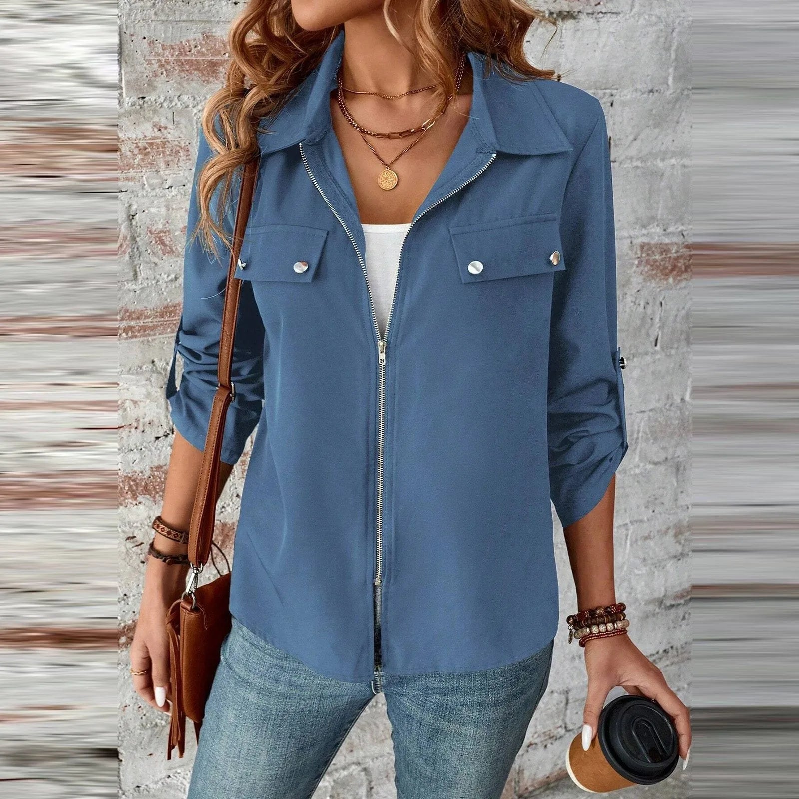 Women’s Long Sleeve Lapel Zip-Up Lightweight Jacket